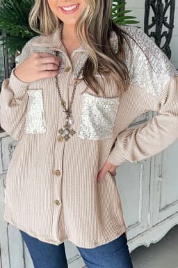 image-Parchment Sequin Patch Chest Pocket Corded Shacket