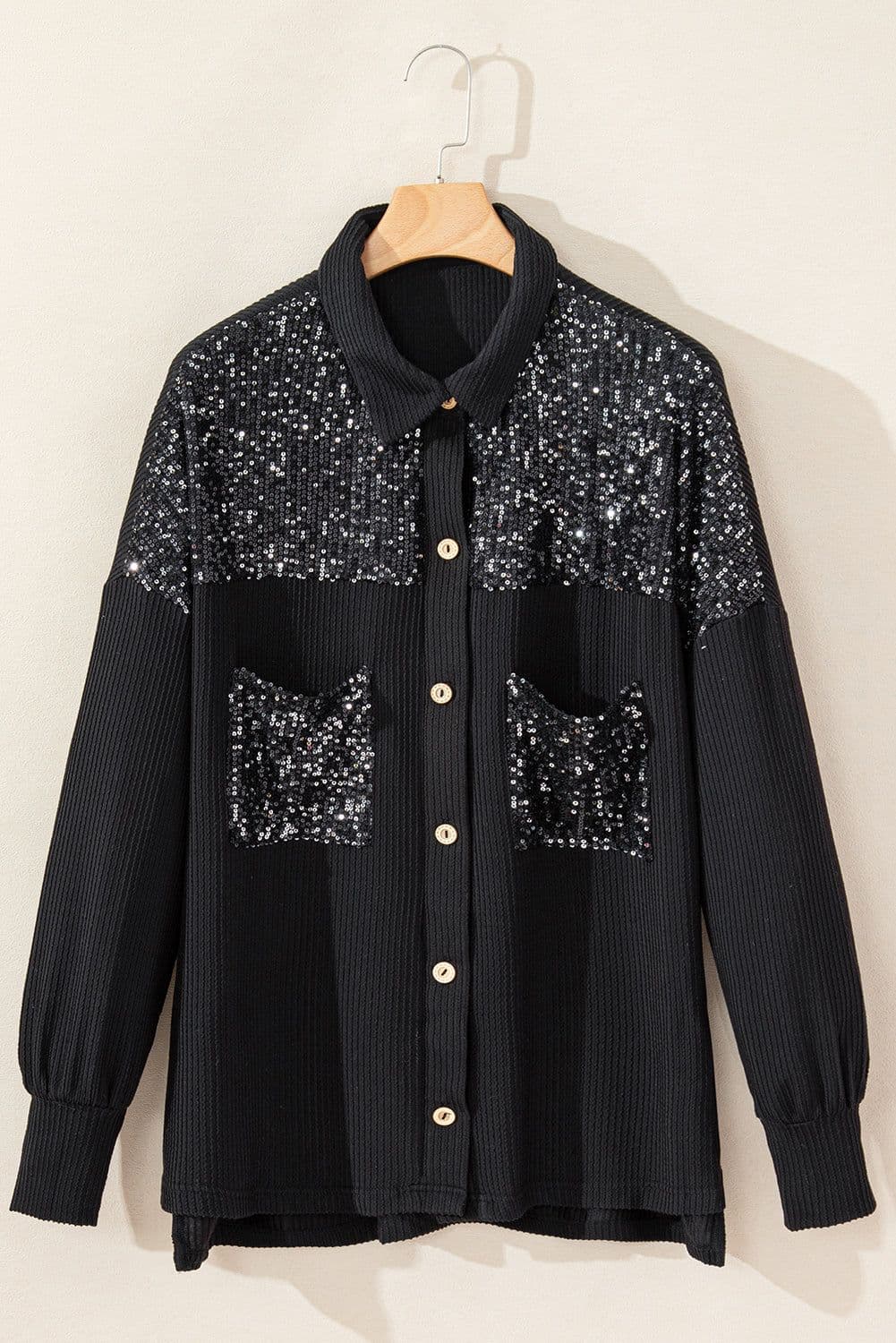 image-Parchment Sequin Patch Chest Pocket Corded Shacket