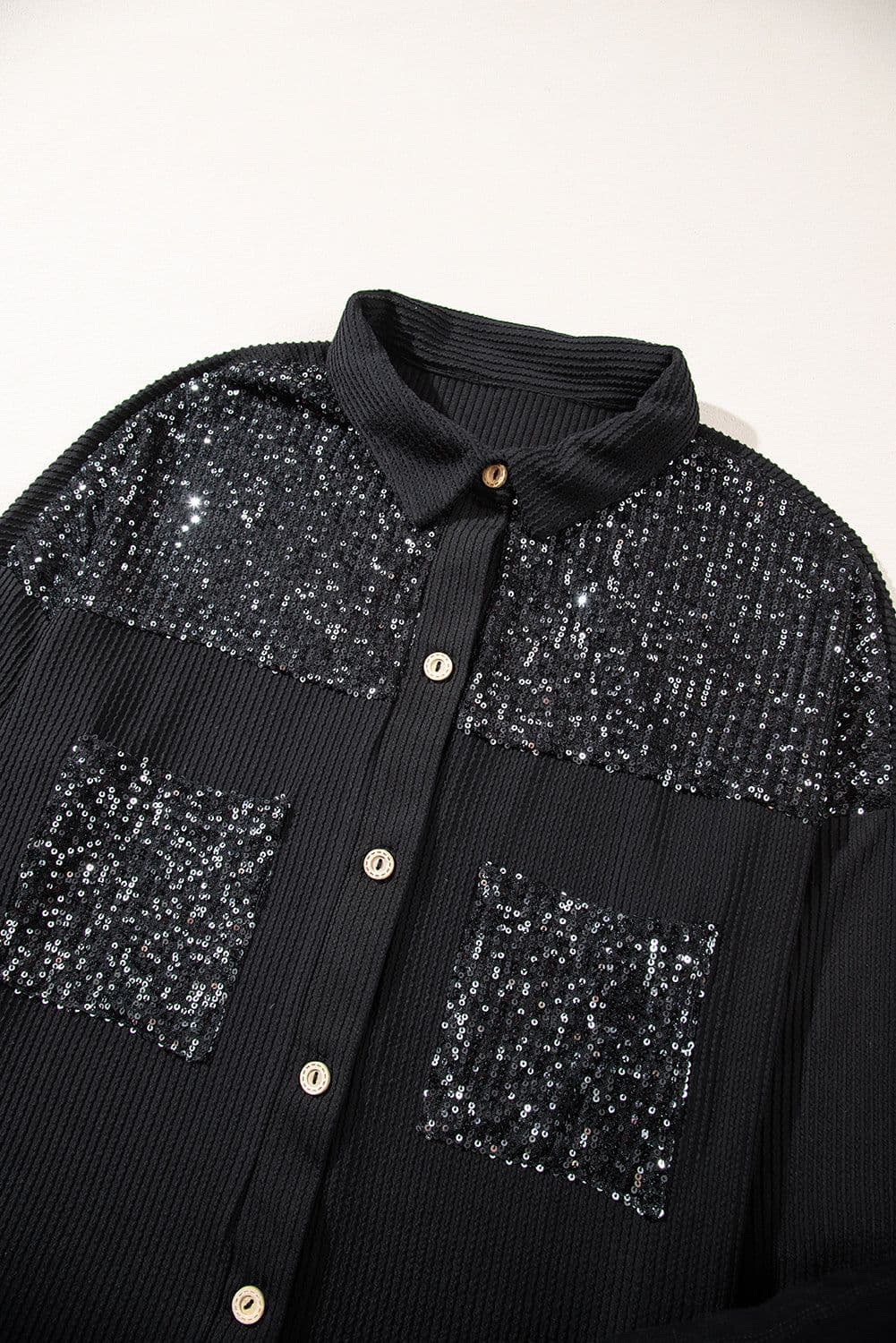 image-Parchment Sequin Patch Chest Pocket Corded Shacket