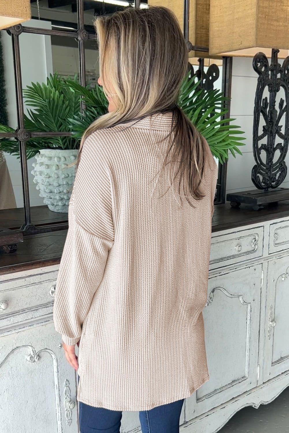 image-Parchment Sequin Patch Chest Pocket Corded Shacket