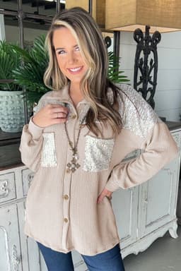 image-Parchment Sequin Patch Chest Pocket Corded Shacket