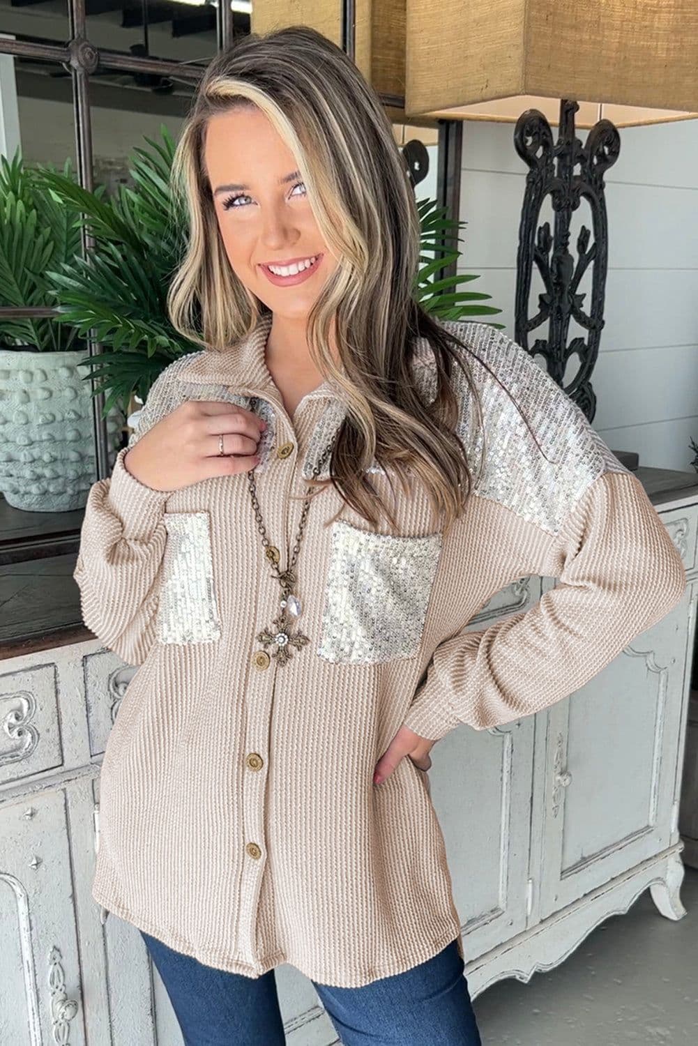 image-Parchment Sequin Patch Chest Pocket Corded Shacket