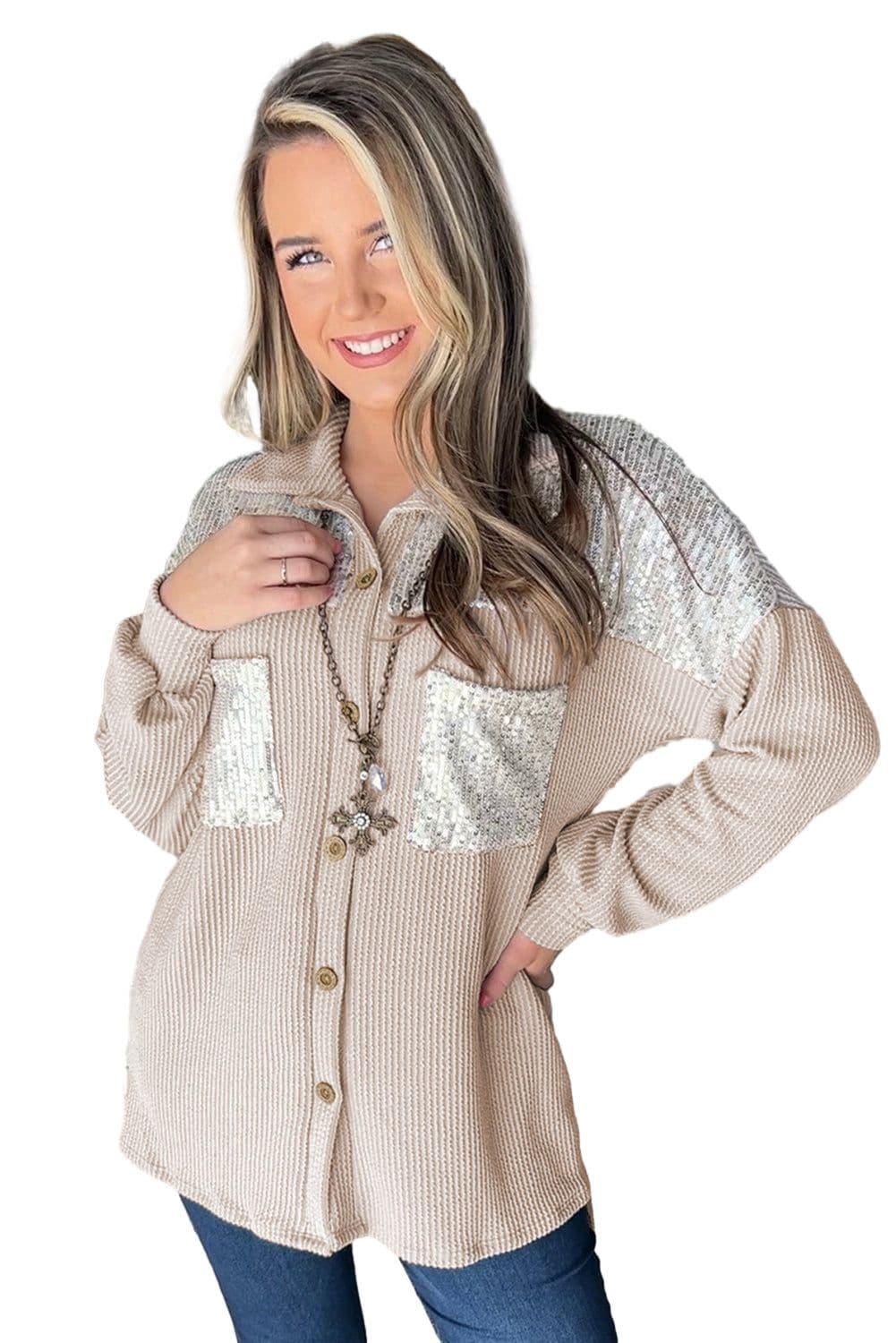 image-Parchment Sequin Patch Chest Pocket Corded Shacket