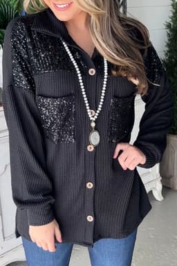 image-Parchment Sequin Patch Chest Pocket Corded Shacket