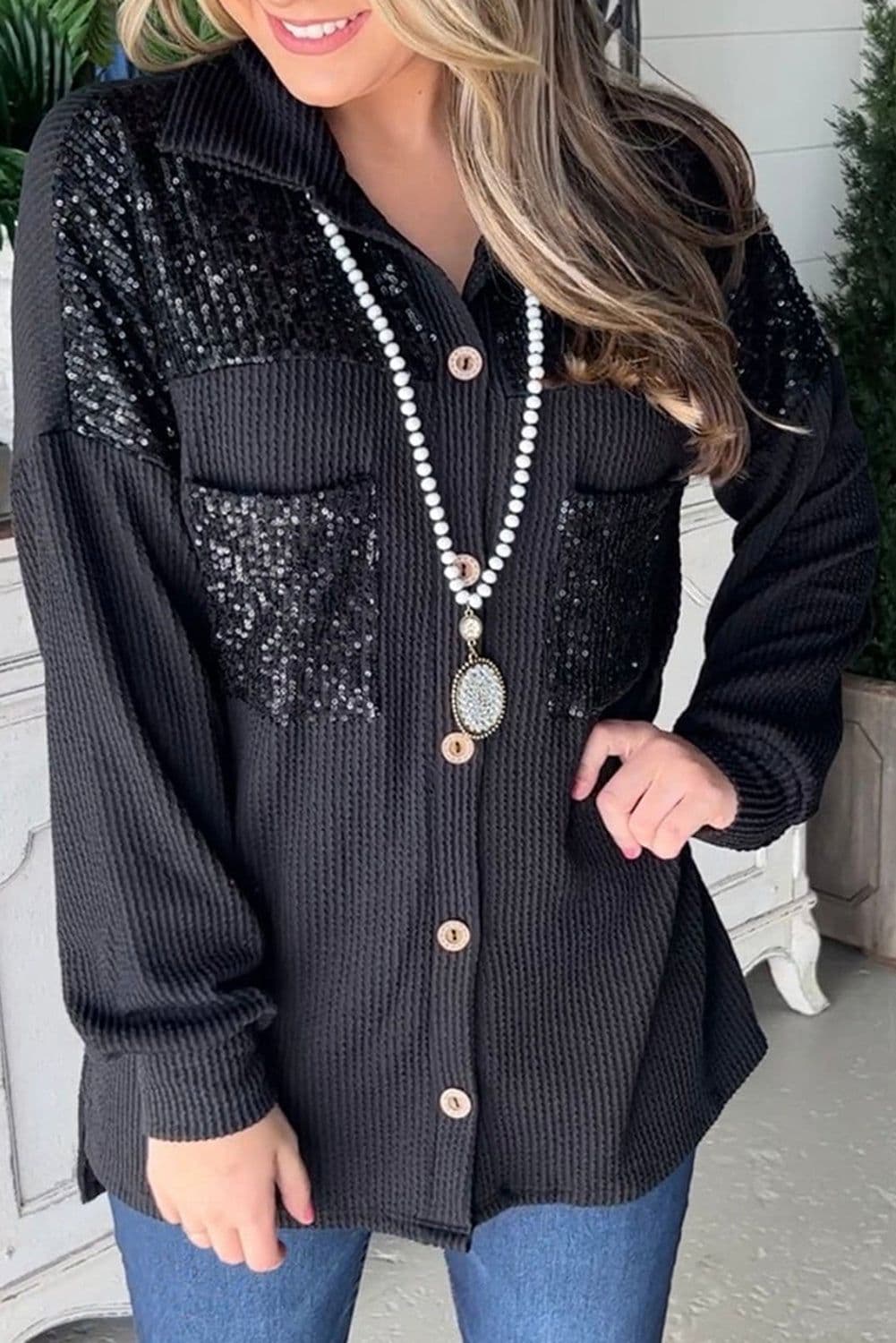 image-Parchment Sequin Patch Chest Pocket Corded Shacket