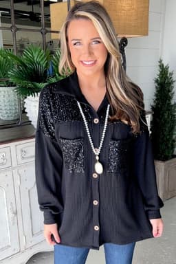 image-Parchment Sequin Patch Chest Pocket Corded Shacket
