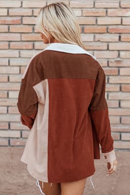 image-Rose Red Colorblock Curved Hem Corduroy Shacket with Pocket