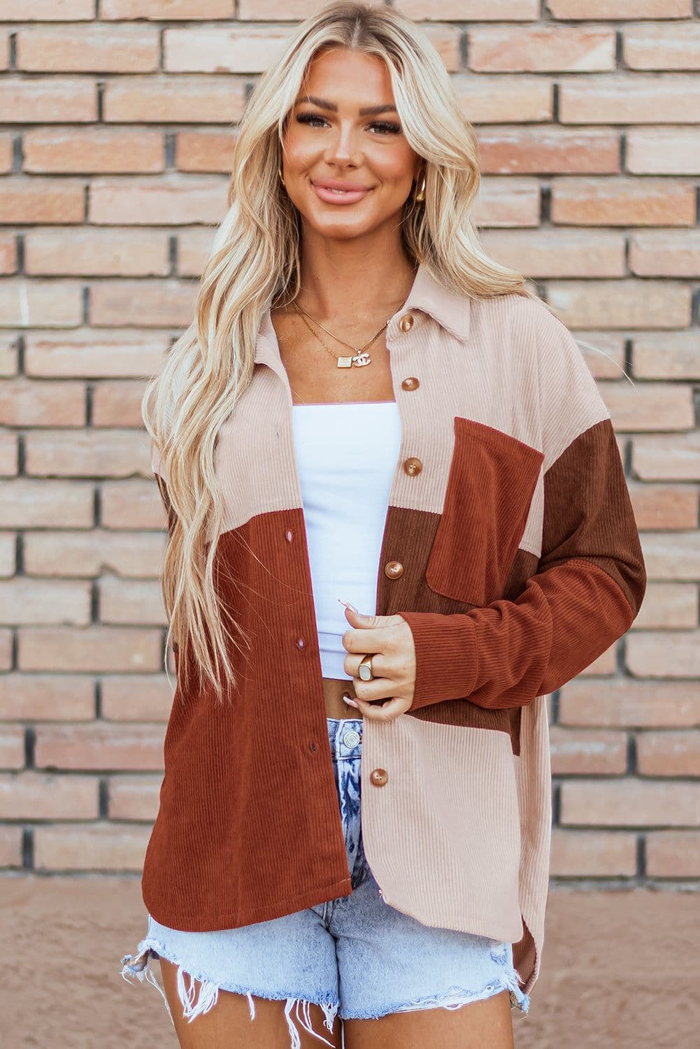 image-Rose Red Colorblock Curved Hem Corduroy Shacket with Pocket