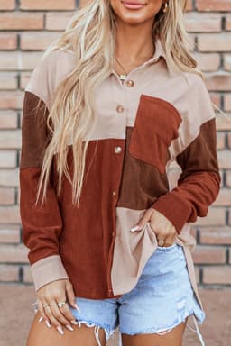 image-Rose Red Colorblock Curved Hem Corduroy Shacket with Pocket