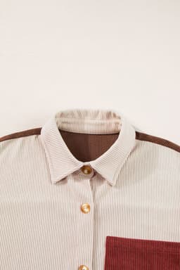 image-Rose Red Colorblock Curved Hem Corduroy Shacket with Pocket