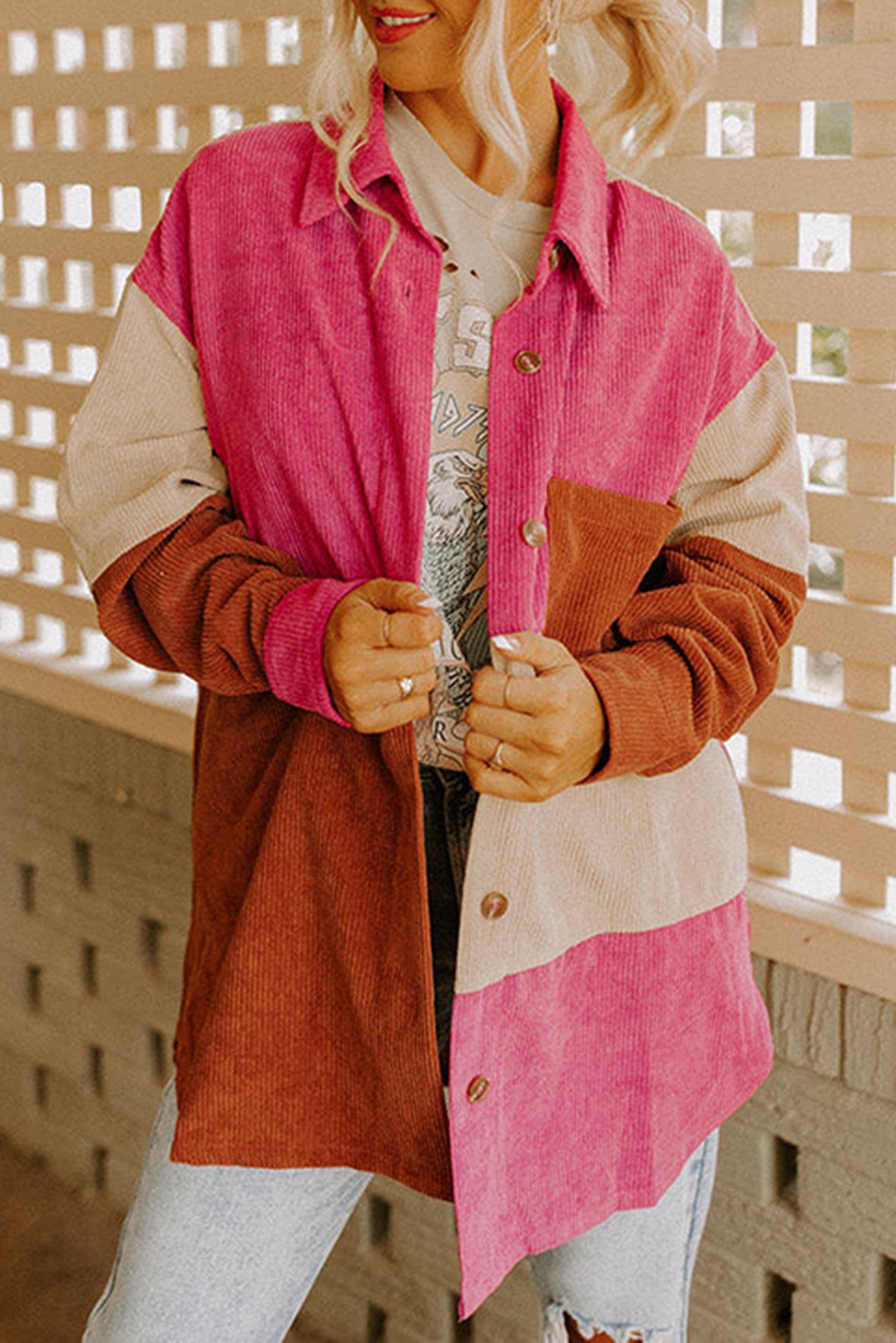 image-Rose Red Colorblock Curved Hem Corduroy Shacket with Pocket
