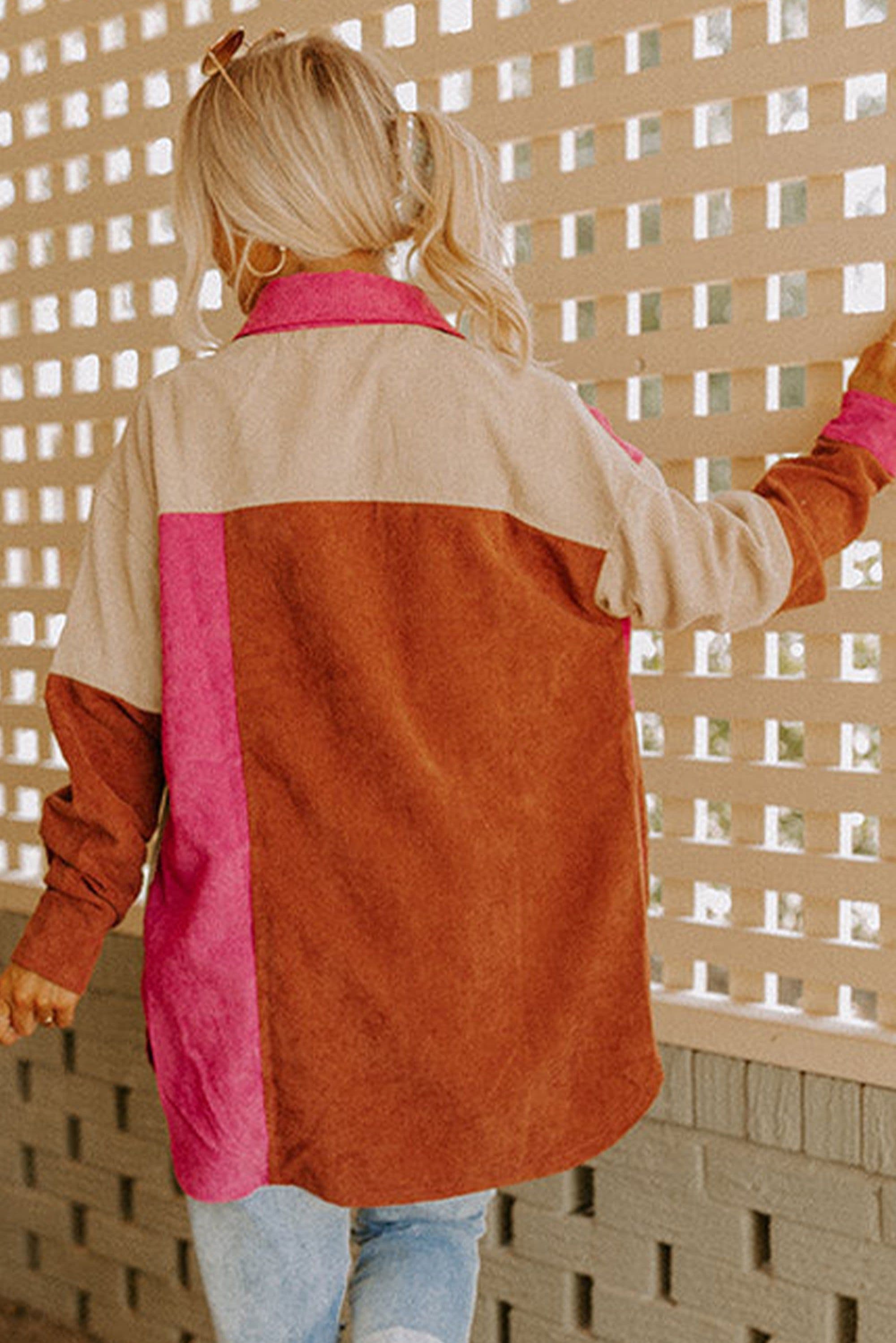 image-Rose Red Colorblock Curved Hem Corduroy Shacket with Pocket