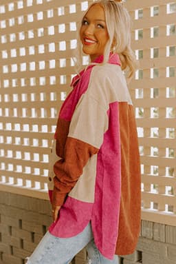 image-Rose Red Colorblock Curved Hem Corduroy Shacket with Pocket