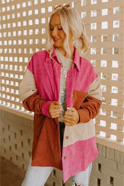 image-Rose Red Colorblock Curved Hem Corduroy Shacket with Pocket