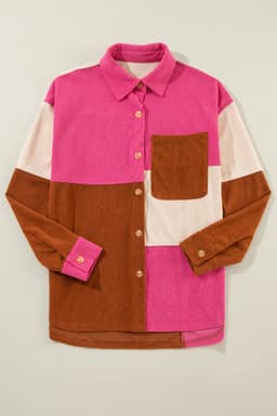 image-Rose Red Colorblock Curved Hem Corduroy Shacket with Pocket