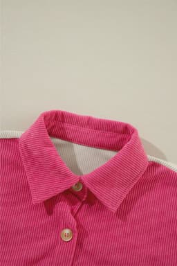 image-Rose Red Colorblock Curved Hem Corduroy Shacket with Pocket