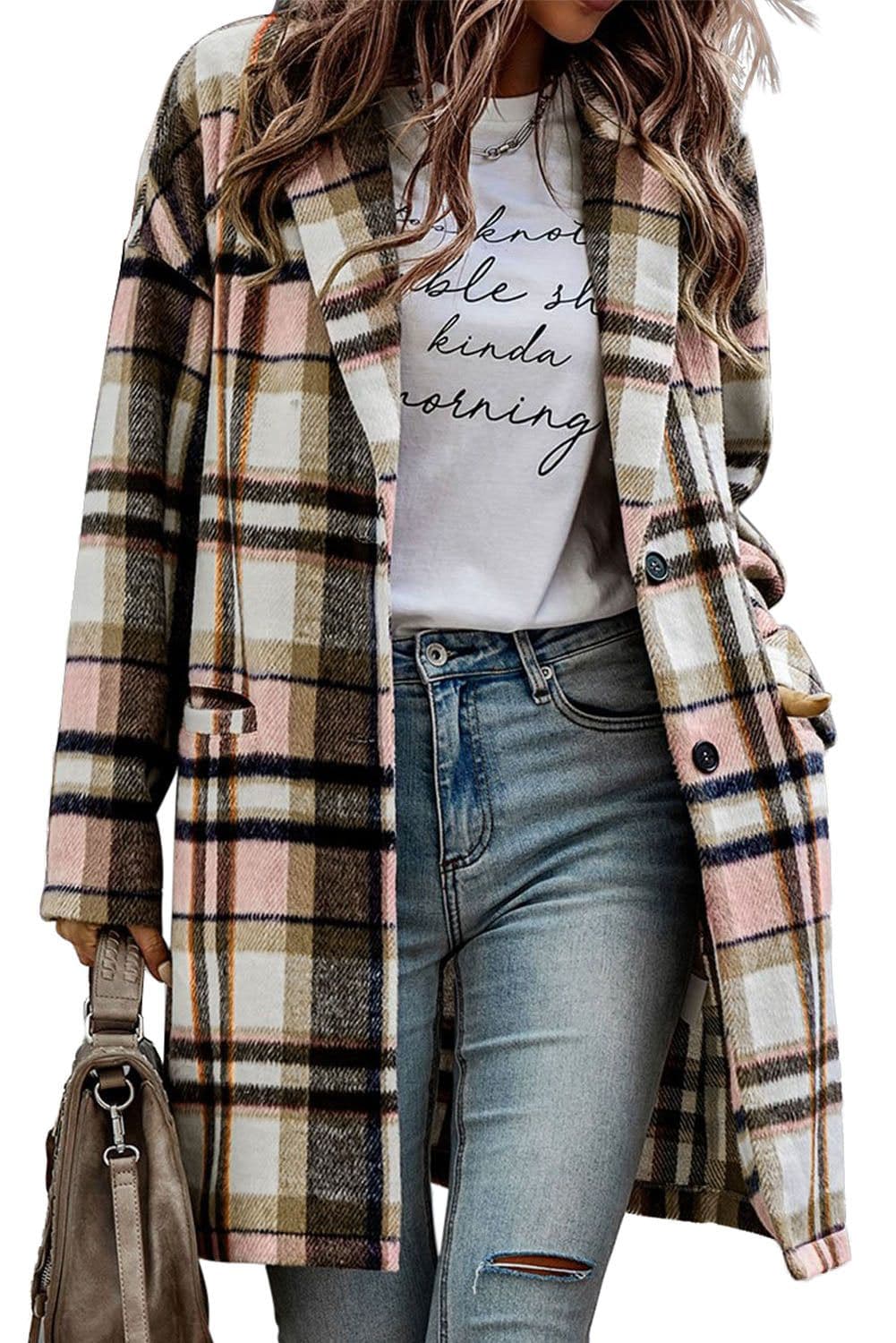 image-Khaki Plaid Button Up Lapel Jacket