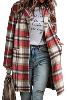 image-Khaki Plaid Button Up Lapel Jacket