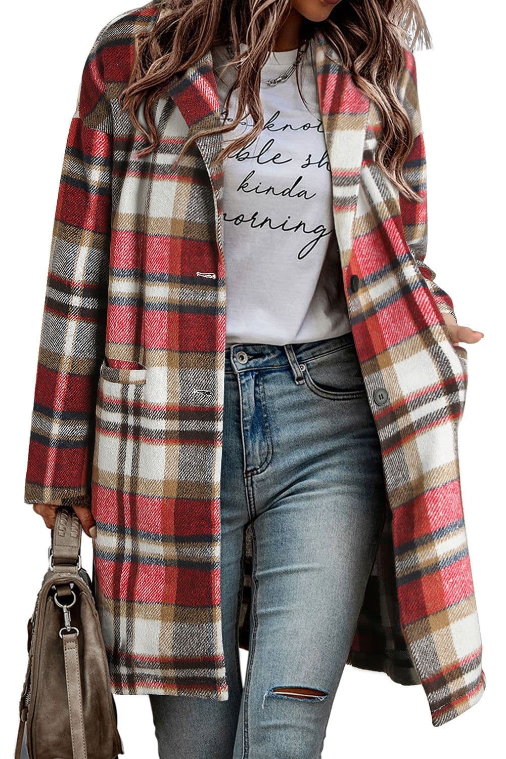 image-Khaki Plaid Button Up Lapel Jacket