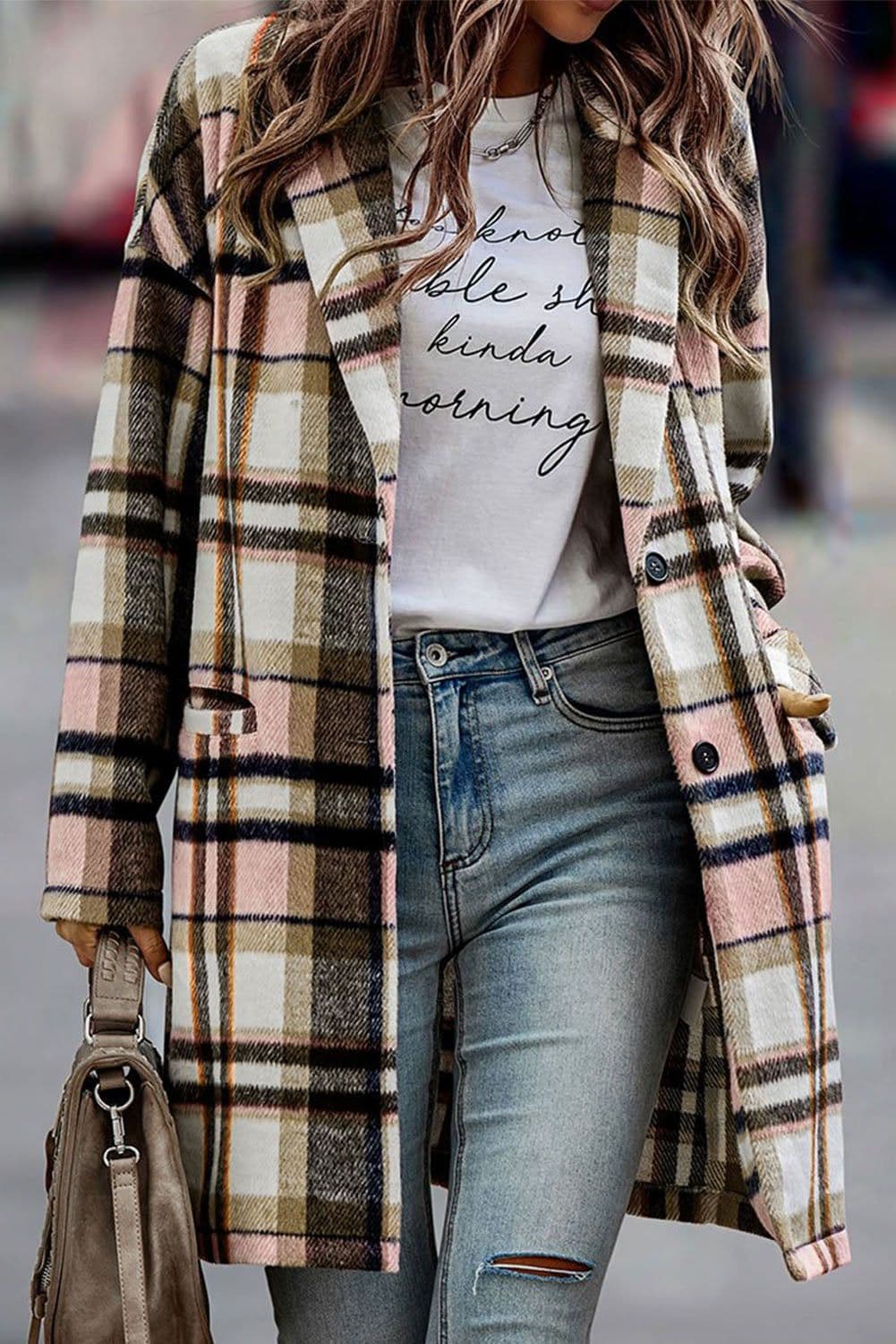 image-Khaki Plaid Button Up Lapel Jacket