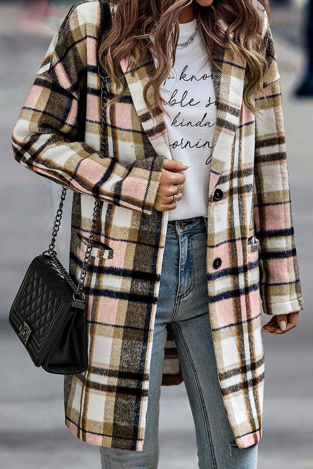 image-Khaki Plaid Button Up Lapel Jacket