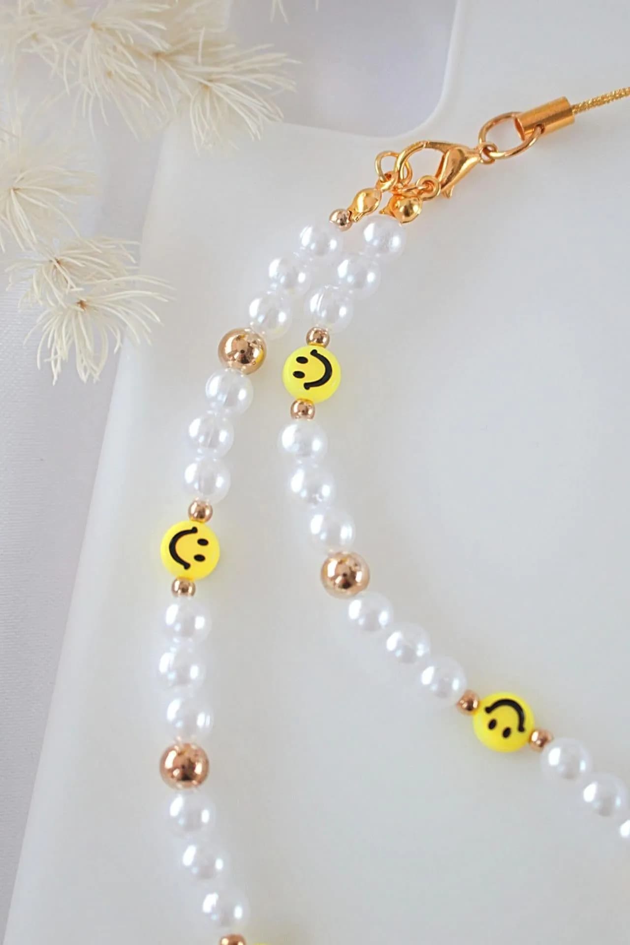 image-"Happy Moments" | Smiling Face & Pearls Beaded Phone Lanyard