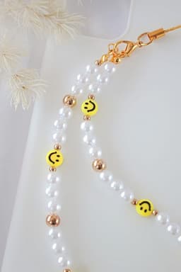 image-"Happy Moments" | Smiling Face & Pearls Beaded Phone Lanyard