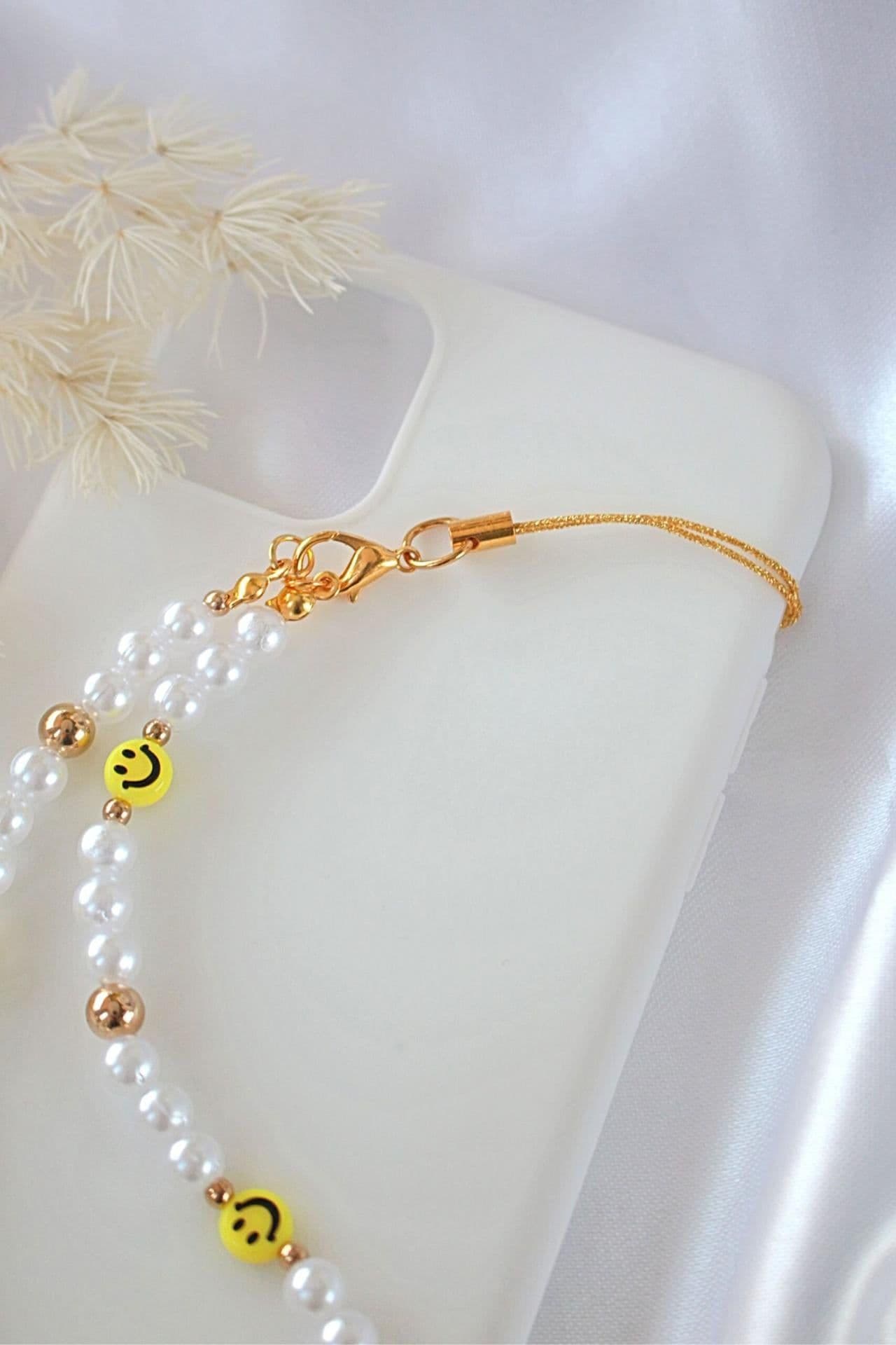 image-"Happy Moments" | Smiling Face & Pearls Beaded Phone Lanyard