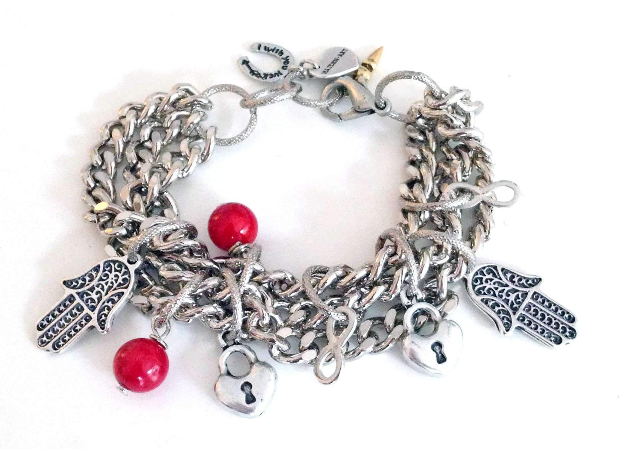 image-Valentine's Day bracelet in silver, coral and hamsa.