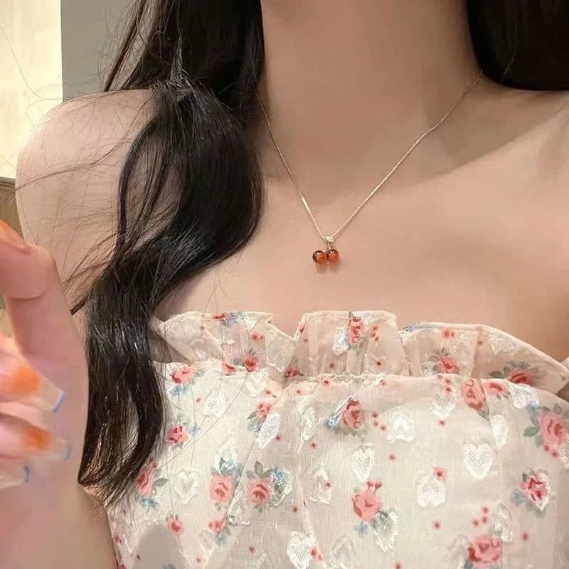 image-New Wine Red Cherry Gold Color Pendant Necklace For Women Personality Fashion Necklace Wedding Jewelry Birthday Gifts
