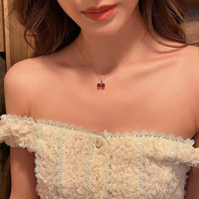 image-New Wine Red Cherry Gold Color Pendant Necklace For Women Personality Fashion Necklace Wedding Jewelry Birthday Gifts