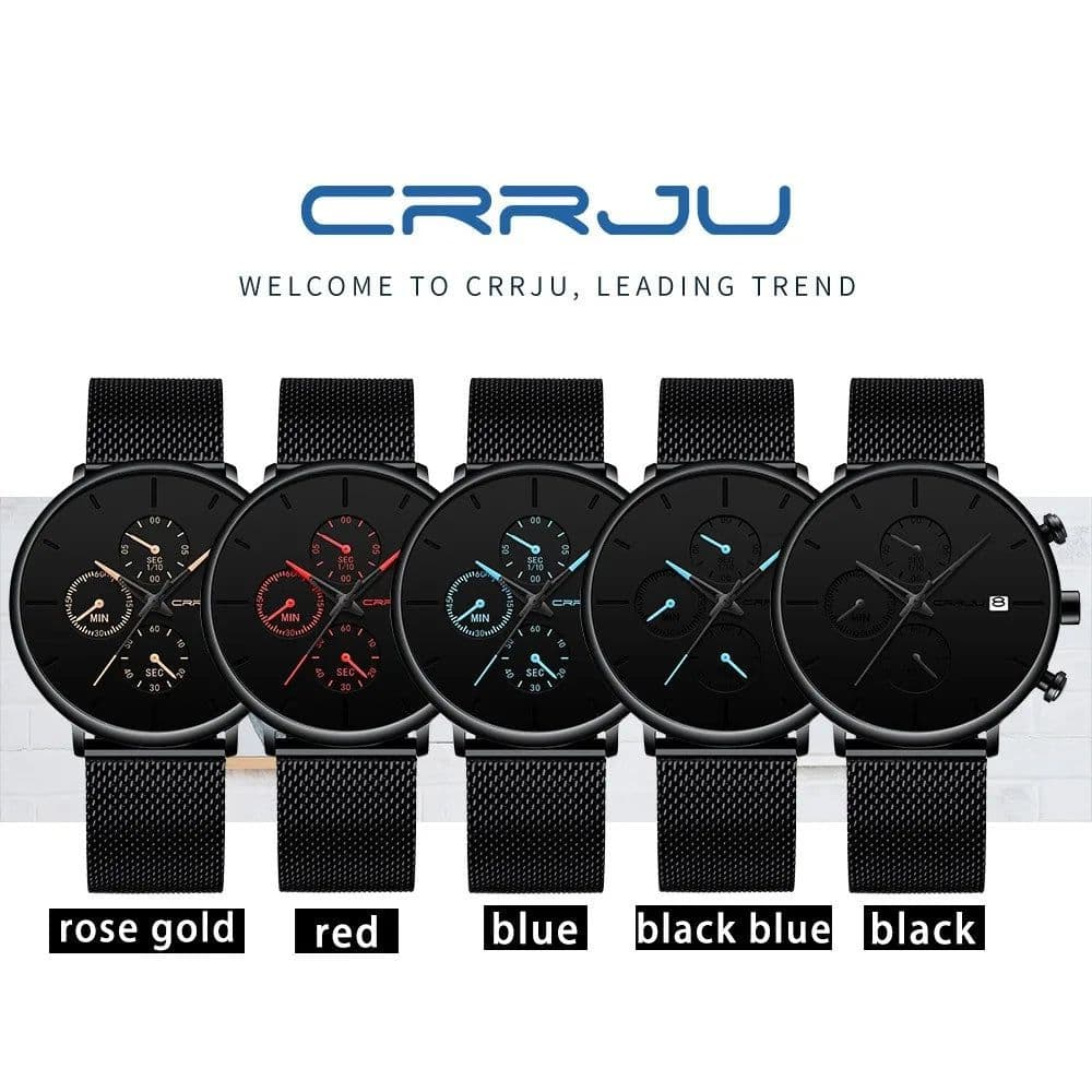image-CRRJU Mens Watches Luxury Sport Wrist Watch Unique Design Stainless Steel Auto Date Mesh Strap Men Fashion Casual Quartz Watches