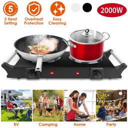 image-2000W Dual Burner Electric Hot Plate, 5 Temperature Settings (392℉-932℉), Portable Countertop Stove for All Flat Cookware, Fast & Even Heating, Easy to Clean, Ideal for Dorms, RVs, Apartments