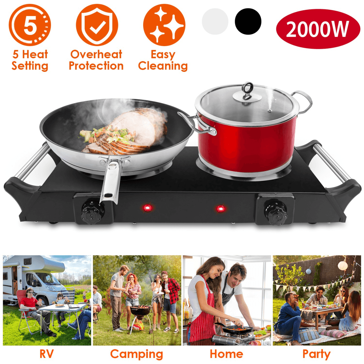 image-2000W Dual Burner Electric Hot Plate, 5 Temperature Settings (392℉-932℉), Portable Countertop Stove for All Flat Cookware, Fast & Even Heating, Easy to Clean, Ideal for Dorms, RVs, Apartments
