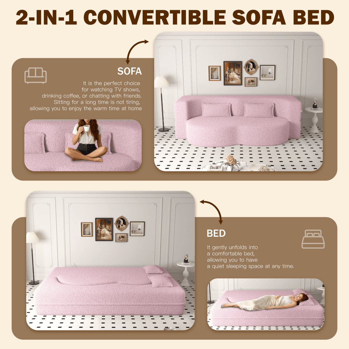 image-Modern Floor Sofa with 2 Pillows,Convertible Teddy Fabric Foam-Filled Sleeper Sofa Bed,15" Twin Size Folding Mattress for Living Room,Guest Bed,Playroom,no assembly required,Pink