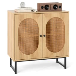 image-Natural PE Rattan Buffet Cabinet with 3-Level Adjustable Shelf, Boho Style & Soft-Close Hinges