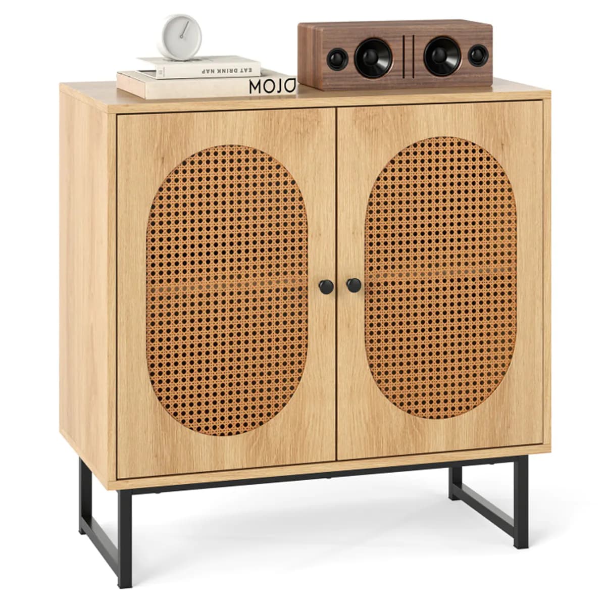 image-Natural PE Rattan Buffet Cabinet with 3-Level Adjustable Shelf, Boho Style & Soft-Close Hinges