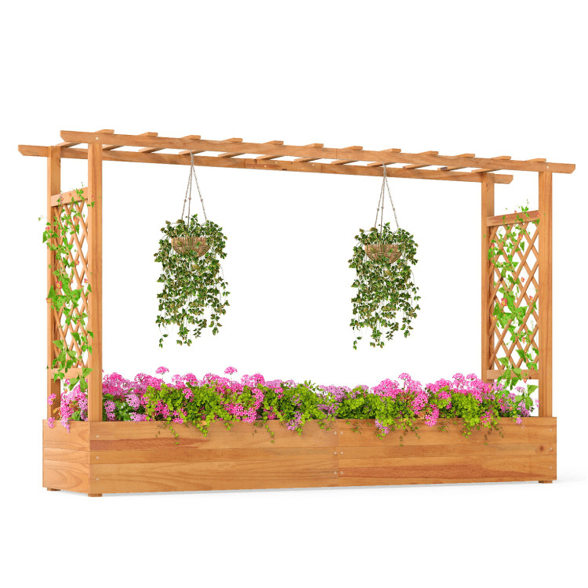image-Wooden Raised Garden Bed, 77" x 17" x 45", Pine Wood, Open-Ended Trellis