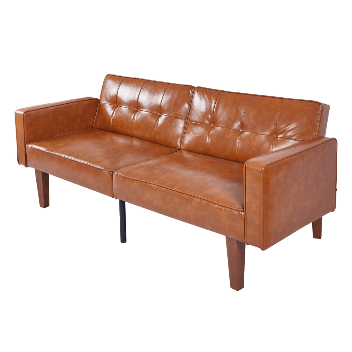 image-Modern PU Leather Futon Sofa with Tufted Backrest, Adjustable Reclining Couch with Wood & Metal Legs, Mid-Century Style Sofa for Living Room
