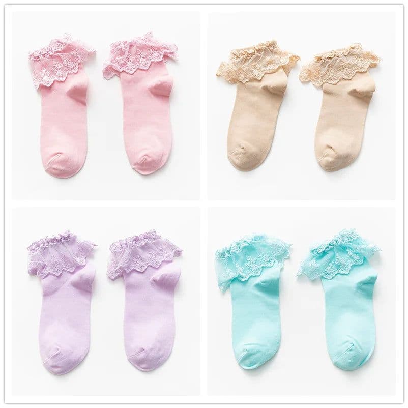 image-4 pairs Lolita Women Harajuku Retro Lace Short Ankle Socks JK Frilly Ruffle Cotton Princess Girls Soft Wedding Dance White