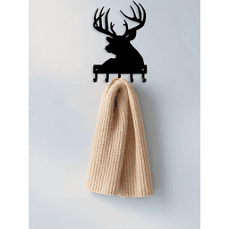 image-Vintage Wall Shelf Coat Rack - Black Iron with Wooden Antelope Hooks