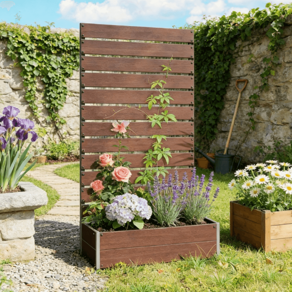 image-Raised Garden Bed with Trellis - Light Brown 36"L