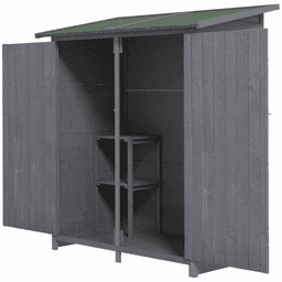 image-Garden Wood Storage Shed Storage Table, Asphalt Roof Storage Tool Organizer