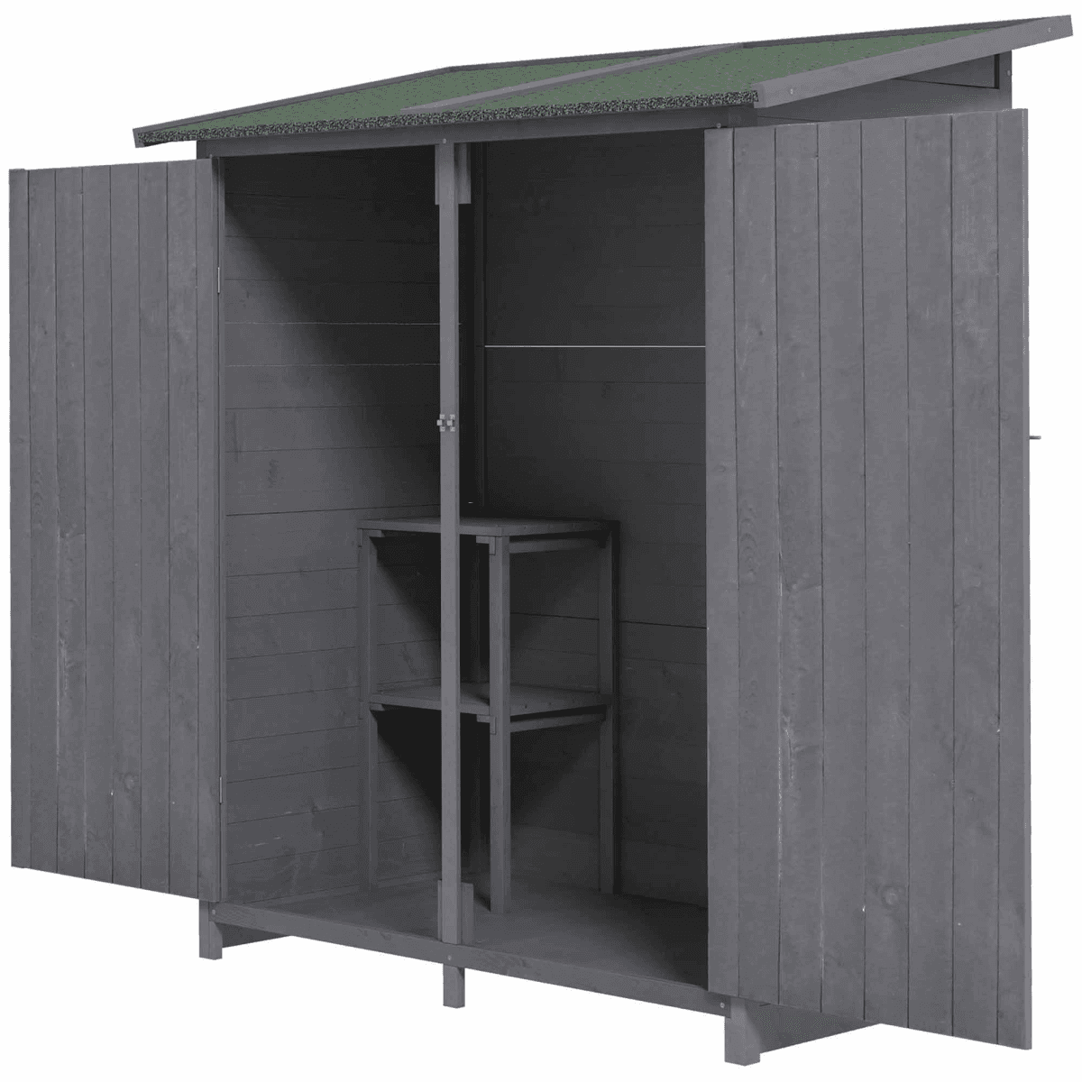 image-Garden Wood Storage Shed Storage Table, Asphalt Roof Storage Tool Organizer