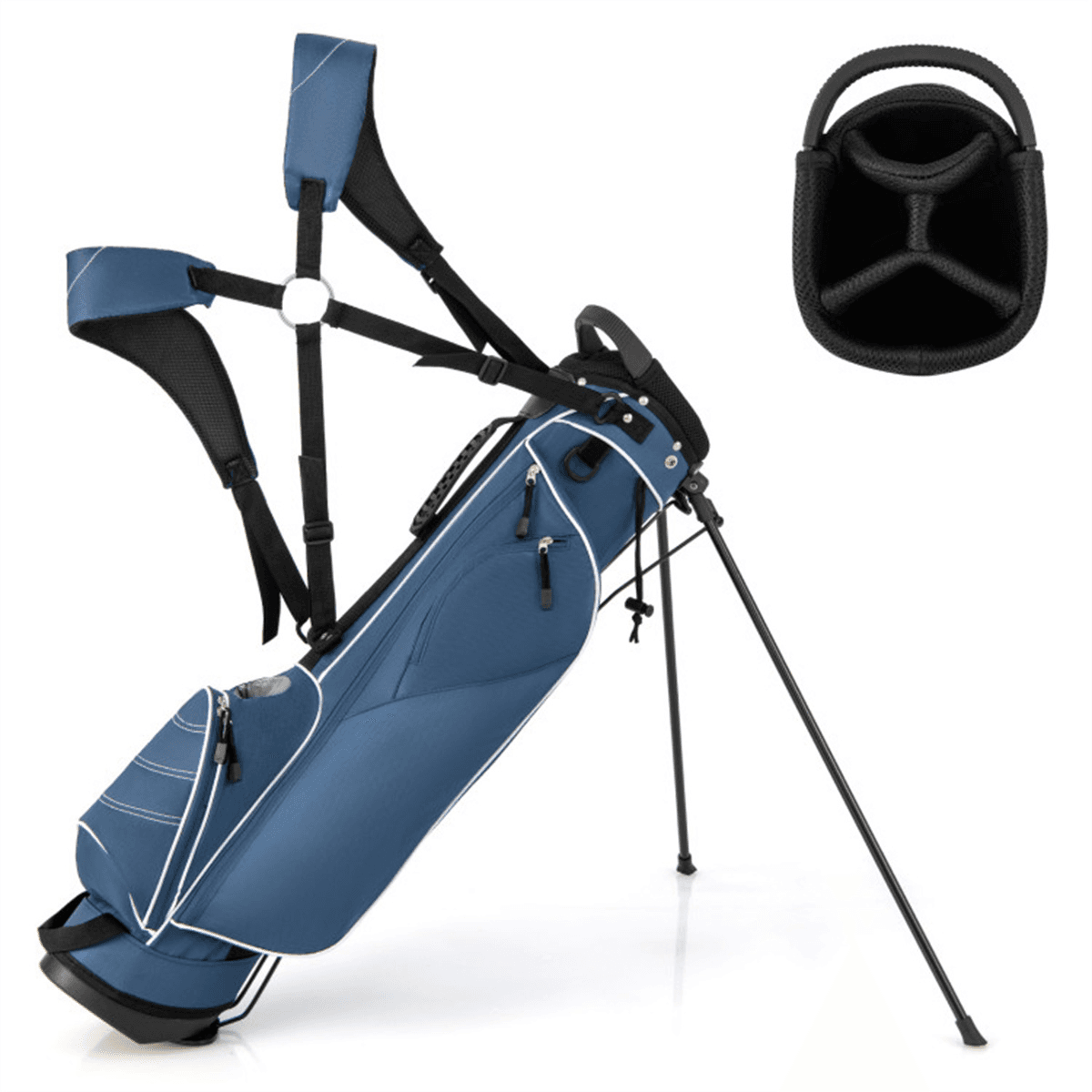 image-Lightweight Blue Golf Stand Bag, 3-Way Dividers, Polyester, 4 Zipper Pockets