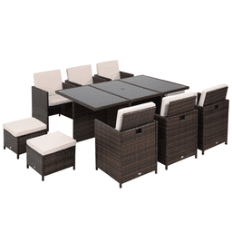 image-11pc Rattan Garden Dining Set 10 Cube Sofa 6 Chairs 4 Footrests & 1 Table