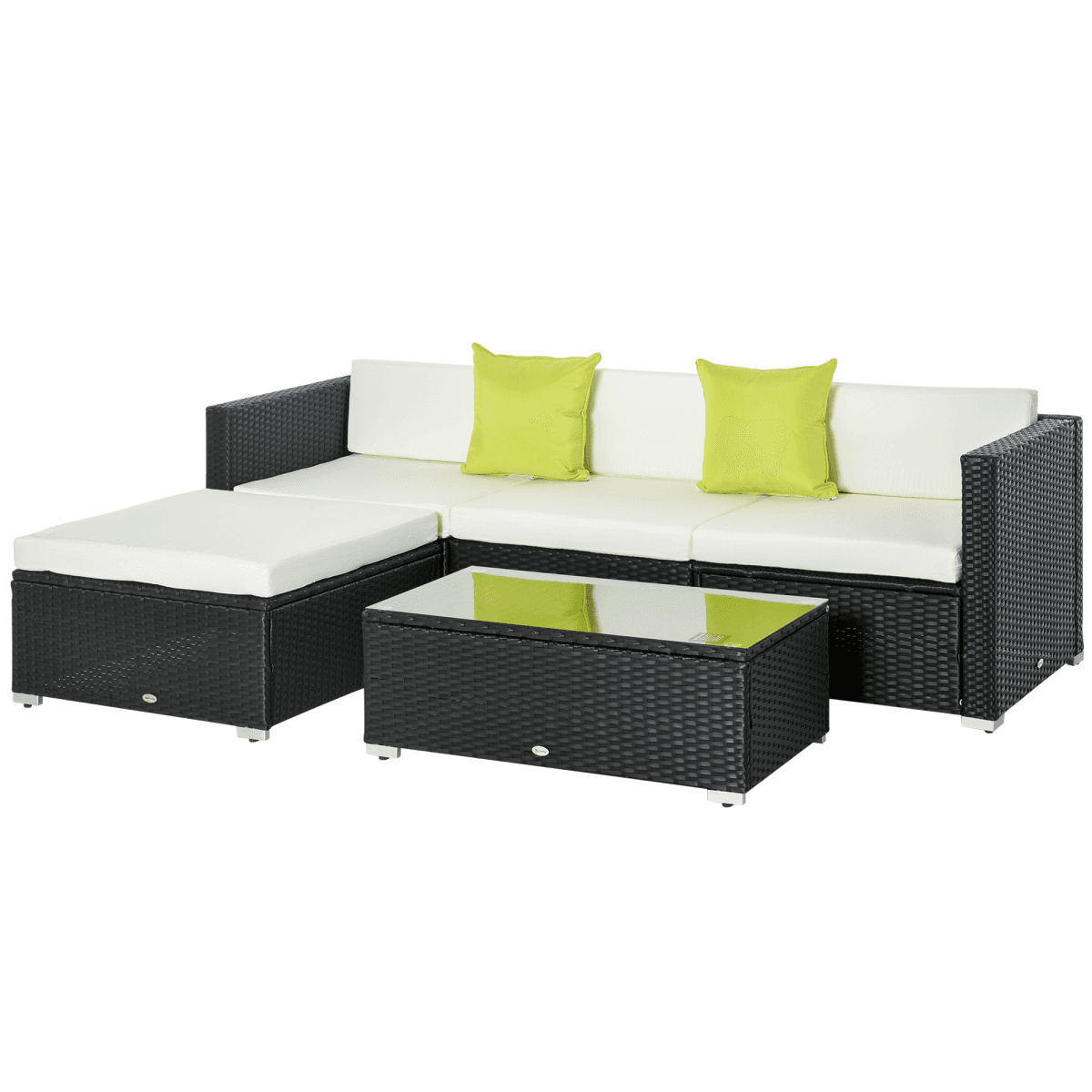 image-5PC Rattan Furniture Set Wicker Sofa Glass Tempered Tea Table & Cushion Pillows