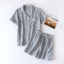 image-2025 Summer Ladies Short-sleeved Shorts Pajamas Set 100% Cotton Crepe Cloth Thin Home Service Two-piece Spring And Autumn Loose