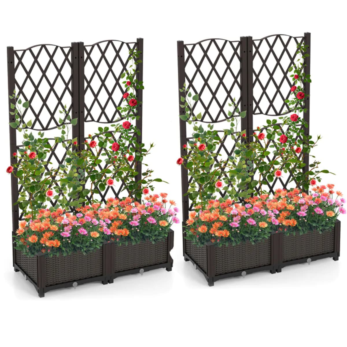 image-Rustic Trellis Planters Set of 2, Garden Boxes for Indoor Outdoor, Self-Watering, Brown