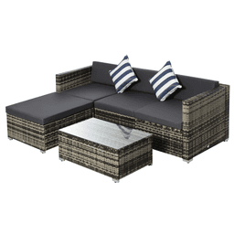 image-5PC Rattan Furniture Set Wicker Sofa Glass Tempered Tea Table & Cushion Pillows